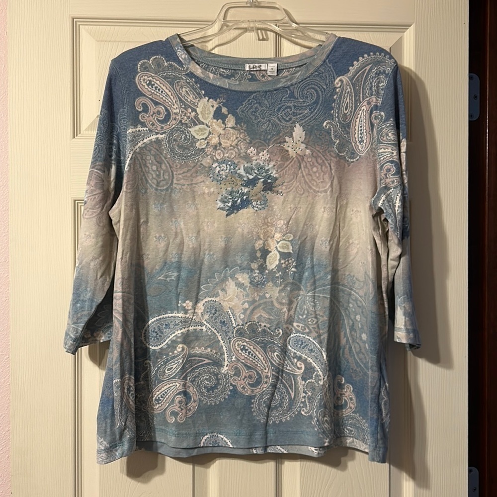 Apt 9 Blue Cream Embellished Rhinestone 3/4 Sleeve Shirt 2X